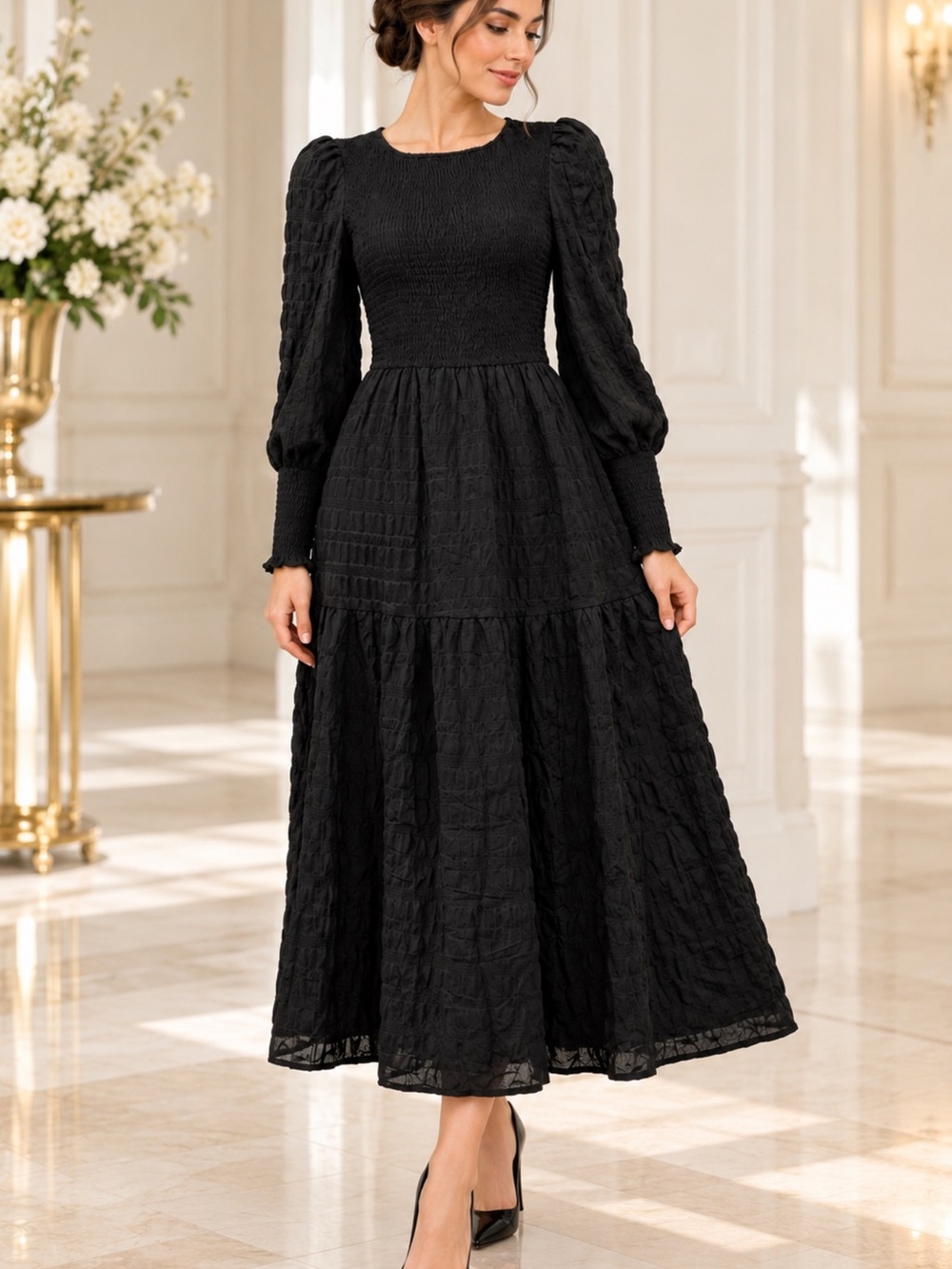 Black Smocked Maxi Dress Long Sleeve Puff Sleeve Tiered A-Line Elegant Dress Siz